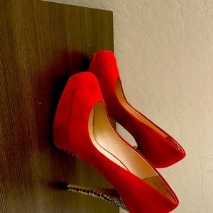 High Heel Red Suede and Snakeskin Pumps